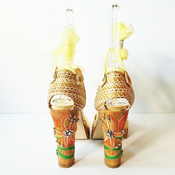 Satin Jeweled Flower Embellished Cork Heels - Picture 4 of 7